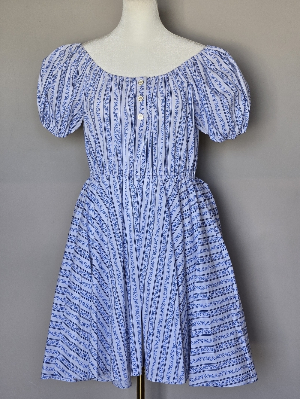 Caroline Constas Bardot Mini Dress Blue and White Puff-Sleeve Boho Resort Vacay